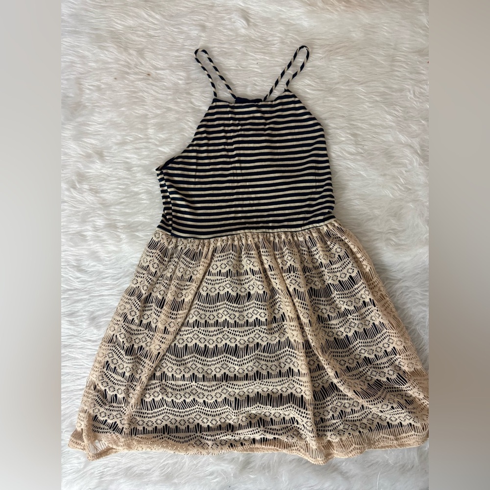 finn & clover Navy Striped and Cream Lace Dress medium